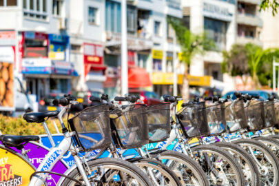Row of city parked bicycles ready for rent - 9251.pics